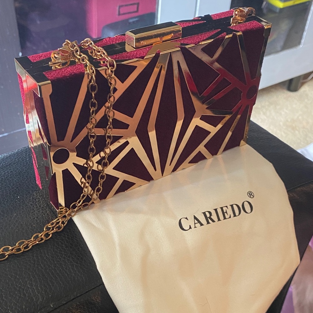 Cariedo Red Velvet Clutch with Gold Geometric Overlay
